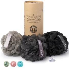 Shower Loofahs - 3 Pack Natural Recycled Shower Pouf Set for Men and Women - Exfoliating Body Scrubber for Bath - Shower Puff/Shower Scrunchie for Dead Skin Removal - Pebble Beach