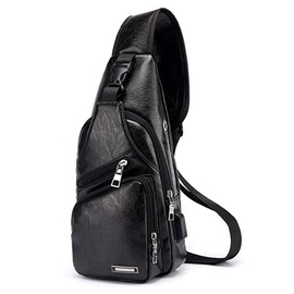 Seoky Rop Men's Leather Sling Bag Chest Crossbody Shoulder Bag with USB Charging Port Black