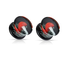Pierced Owl - Pyrex Glass Red and White Mushroom with Black Glow in the Dark Sparkle Background Double Flared Plug Gauges, Sold as a Pair, pyrex glass, no gemstone