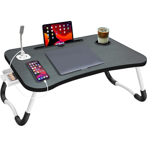 Laptop Bed Desk, Foldable Laptop Bed Table Tray with USB Ports, Storage Drawer and Cup Holder,Tablet/Phone Slot, Laptop Stand for Bed Portable Lap Desk for Bed/Couch/Sofa/Floor Working, Reading