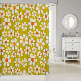 Hippie Flowers Bath Curtain,70s Retro Floral Bathroom Shower Curtain for Kids Boys,Groovy Cartoon White Daisy Waterproof Fabric with Hooks for Stalls, 72Wx72L inch