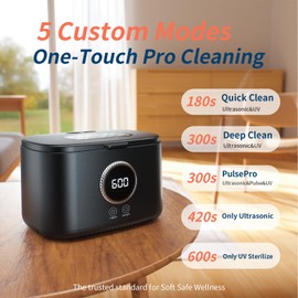 MQOMQO Ultrasonic Jewelry Cleaner, 47kHz Ultrasonic Retainer Cleaner Machine, 600ml Dental Cleaning Pod with 5 Modes, Dual Brush Ports and U-V Lights, Digital Timer for Eyeglasses, Rings, Watch Strap