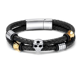QGJNSGC Cremation Jewellery Skull Urn Bracelet for Ashes Keepsake Memorial Bangle Braided Leather Bracelet Cremation Bracelet for Men Women, Leather