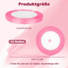12 Farben Schleifenband, Breit 6mm x 22m Geschenkband Set, Polyester Satinband Bunt, Schleifen Band für DIY Schleifen Geschenk Verpackung Girlande (12 Farben, 6mm)
