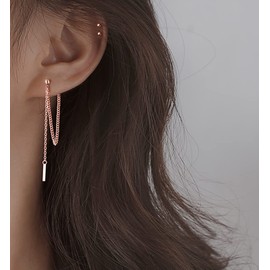 SLUYNZ 925 Sterling Silver Dangle Earrings Chain for Women Teen Bar Dangle Earrings Threader Earrings (C-Rose Gold Plated)