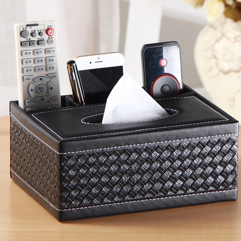 PU Leather Rectangular Remote Control Tissue Box Organizer Tissue Box