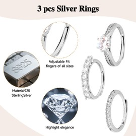 MOTIBACK 3PCS Silver Plated Adjustable Rings for Women - Cubic Zirconia Stackable Rings Set (1CT, 7-Stone & Straight Row Rings)