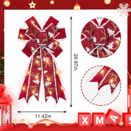 ABTOLS Large LED Christmas Wreath Bows, LED Light Christmas Bows for Wreath Red Velvet Wreath Bows Christmas Tree Deer Bows for Front Door Glitter Elk Bows for Indoor Outdoor Decor