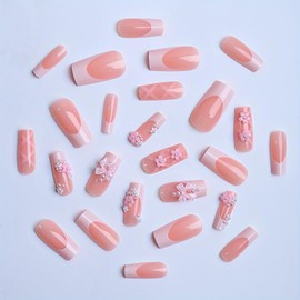 Bow Square Shaped Press on Nails Long Fake Nails Glue on Nails French Tips Fake Nails with Flower Pearl Design Bling Pink White Full Cover Acrylic Nails Stick on Nails for Women Girls 24 Pcs