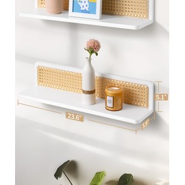 Mazjoaru Rattan Wall Shelf 24inch Set of 2, Handmade White Floating Shelves Boho Wall Decor, Rustic Wood Wall Mounted Storage Shelves for Living Room Nursery Bedroom
