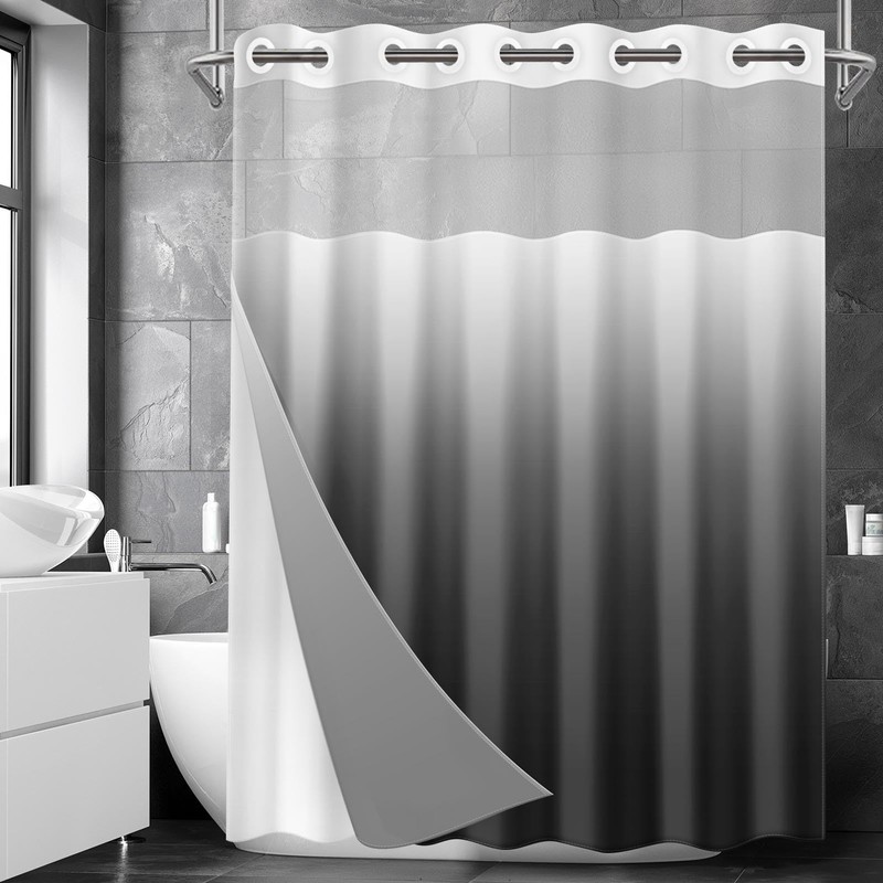 Nesphy No Hook Ombre Black and Grey Shower Curtain with