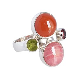 Natural Rhodochrosite,Peridot,Garnet,Carnelian Gemstone 925 Sterling Silver Bezel Setting Statement Ring SZ-L 1/2 FSJ-4146