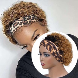 INSTASTYLE Headband Wigs Human Hair for Black Women Blonde Ombre Pixie Cut Headband Wig Put On and Go Glueless Human Hair Wig with Headband,150% Density 6inch，T27