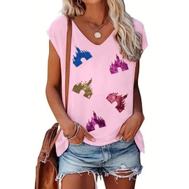 Sequin Magic Kingdom Tank Tops Castle Shirts for Women Colorful Castle Tank Tees Funny Vacation Trip Casual Vests (XX-Large,Pink)