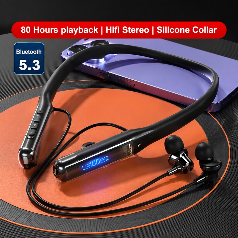 Wireless Neckband Headphones with Microphone – 80-Hour Battery Life and