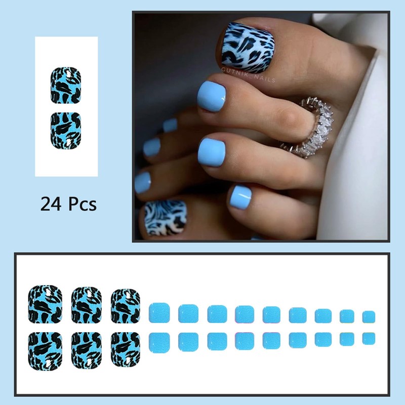 24Pcs Blue Leopard Press on Toenails Short Square Fake Toe