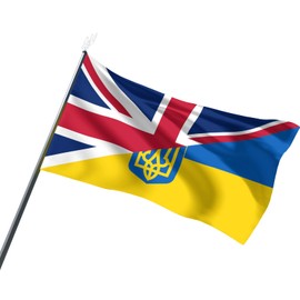 UK Ukraine Flag, British Ukrainian Flags 5ft x 3ft with 2 Metal Eyelets, Ornaments for Living Room Garden Outdoor, Ukraine Flag with State Emblem, Perfect for Parades Gatherings Support Ukraine