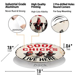 Cool Chicks Live Here Metal Tin Sign for Home Farmhouse Chicken Coop 8x8 Inch Round Aluminum Wall Decor (2596)