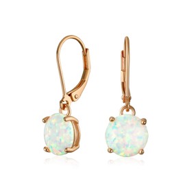 Simple Round Solitaire White Created Opal Lever back Dangle Drop Earrings Rose Gold Plated .925 Sterling Silver