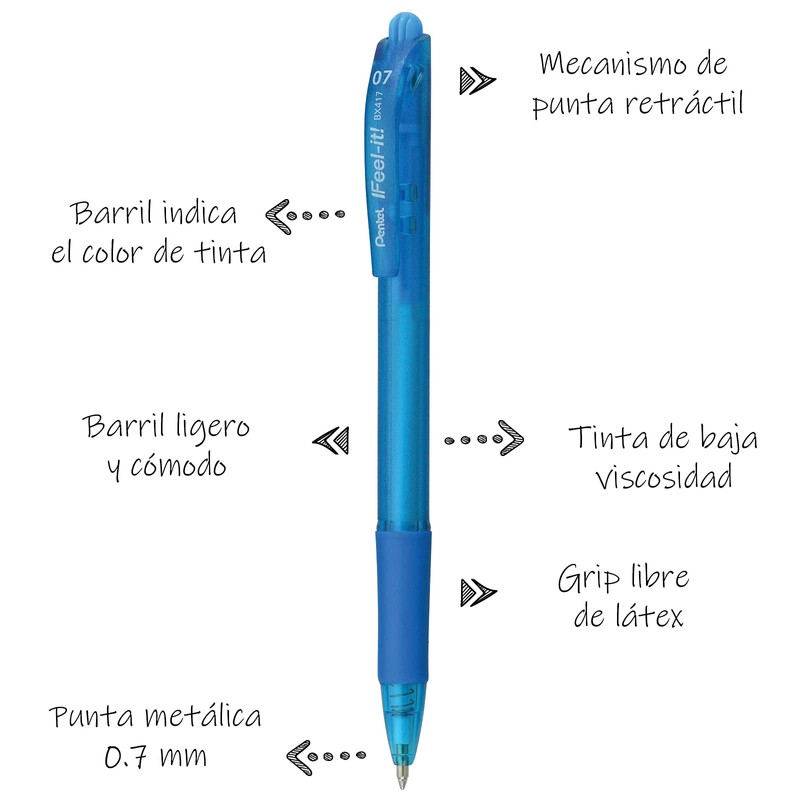 Pentel BX417-S Bolígrafo Feel-It, Retráctil Punta Fina, Azul Cielo