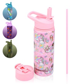 FAHRMOSIS 18 OZ Kids Water Bottle with Straw & 2 Lids (Flip & Spout) Leak Proof Metal Insulated Stainless Steel Reusable Tumbler for School & Sports Water Bottle - Pink (Princess)