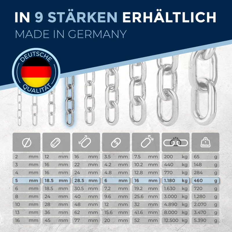 50-cm = 0,5-Meter 5-mm Thick Stainless Steel Chain V4A Short-Linked