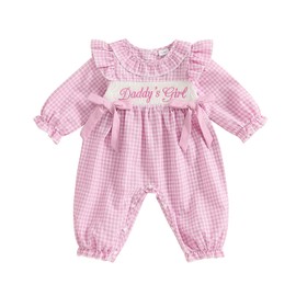 GOOCHEER Newborn Baby Girl Fall Outfit Little Sis I M New Here Smocked Romper Plaid Bow Ruffle Long Sleeve Jumpsuit Clothes (Daddys Girl, 0-3 Months)