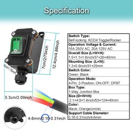 MKBKLLJY Inline Cord Box Waterproof Switch 1-Way Junction Box PG9 Cable Gland IP66 KCD4 Green LED Light Toggle 4-Pin 2-Position ON-Off Self-Locking DPST DC 12V 20A