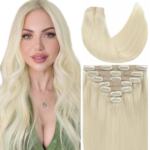 Caliee Hair Extensions Clip in Human Hair Platinum Blonde Color Silky Straight Hair Clip in Extensions Invisible Double Weft for Women Full Head Seamless Hair Extensions Clip in 120g 16inch