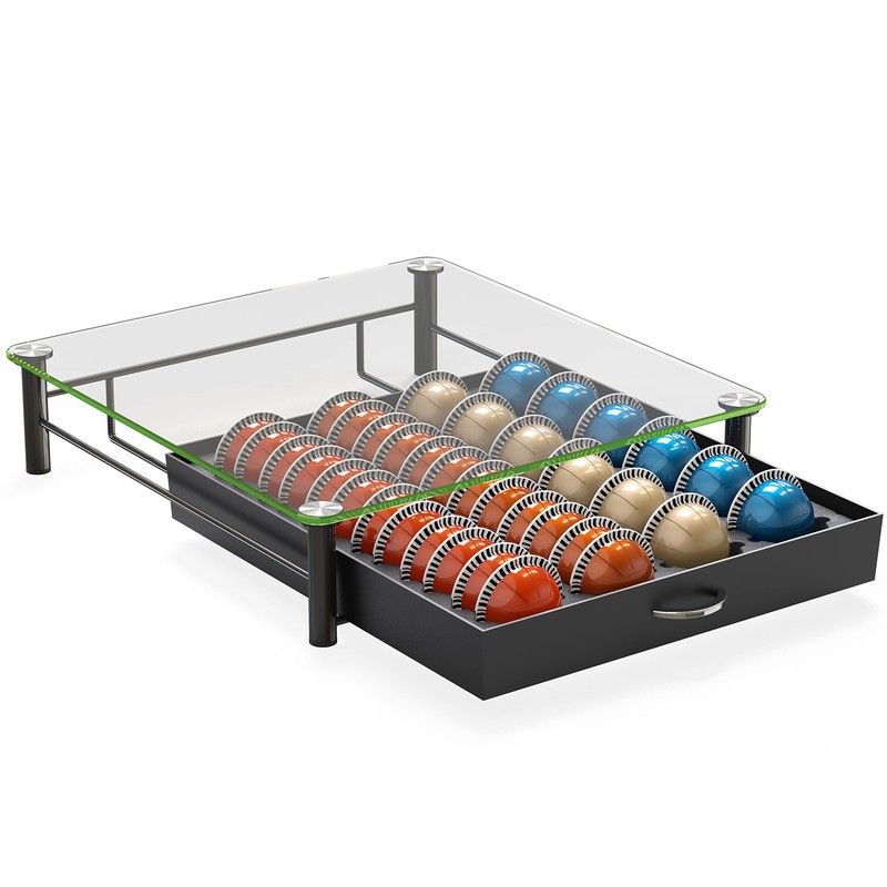 DecoBrothers Crystal Tempered Glass Vertuo Pod Holder Drawer, 24 Large