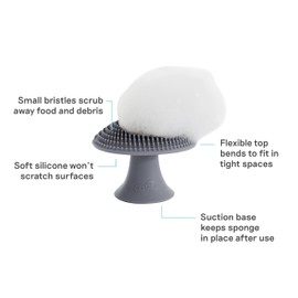 ezpz Mushroom Sponge (Gray) - Odor-Resistant Kitchen Sponge with Soft Bristles, Non-Slip Handle, Suction Base - Gently Cleans Pans, Dishes and Feeding Gear