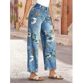 Flamingals Mid-Rise Vintage Floral Straight Leg Pants for Women Summer Casual Denim Pants Mid Blue XL