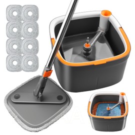 KZKR Spin Mop and Bucket Spinner Set with Self Wringer, Separate Dirty Water System and 8 Washable Microfiber Mop Pads for Home Floor Cleaning