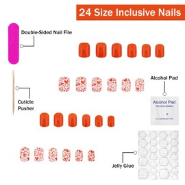 Valentines Press on Nails Short Square SWEKKE Orange Fake Nails False Nails with Designs Cute Heart Full Cover Glossy Glue on Nails Valentine's Day Acrylic Nails for Women Girls 24 Pcs