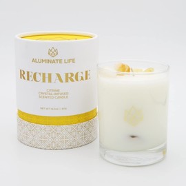 Aluminate Life Luxury Glass Jar Candle, 14.5 OZ, Recharge - Citrine Crystal Infused - Scents of Lemongrass, Geranium, and Basil - Happiness, Manifestation, & Abundance - Coconut Wax, Essential Oils