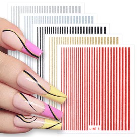 HINZIC 10 Sheets 3D Glitter Lines Nail Stickers Holographic Nails Art Stickers Colorful Metal Stripe Nail Decals Self Adhesive Geometric for Women Girls French Tip Manicure DIY Supplies