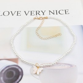 Fashion Colorful Butterfly Necklace for Women,Simple Charm White Pearl Choker Necklace Jewelry Gifts (White)