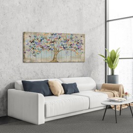 RnnJoile Butterfly Canvas Art Framed Rustic Tree of Life Wall Print Wood Background Painting Picture for Farmhouse Cabin Decorations Ready to Hang 24 x 48 Inch