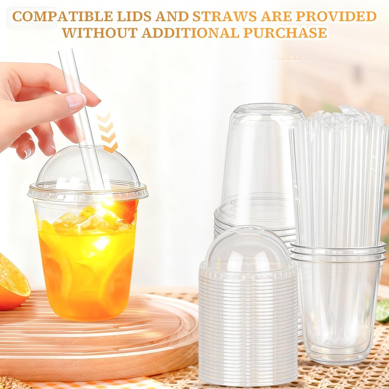 50 Sets Clear Plastic Cups with Dome Lids and Straws,