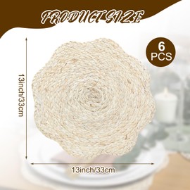 Gandeer 6 Set 13 Inch Round Scalloped Woven Placemats Boho Rattan Natural Hand Woven Place Mats Farmhouse Wicker Table Dinner Plates Chargers for Home Dining Decor