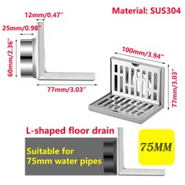 Qrity 1 Pcs Stainless Steel Corner Floor Drain, L Shaped Side Row Floor Drain, Anti-clogging, for Balconies, Bathrooms and Kitchens 75 mm Pipes
