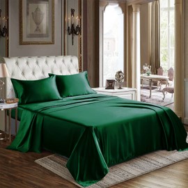 CozyLux Satin Sheets King Size - 4 Piece Dark Green Bed Sheet Set with Silky Microfiber, 1 Deep Pocket Fitted Sheet, 1 Flat Sheet, and 2 Pillowcases - Smooth and Soft