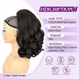 SOMOREATY Ponytail Extension,16" Drawstring Ponytail for Black Women Yaki Straight with Curly Ends Synthetic Hairpiece Hair Extension Pony Tails for Women(Black Brown)