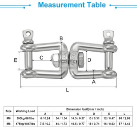 PATIKIL 2pcs Double Shackle Swivel Hook M6 Load Capacity 300kg/66lbs 304 Stainless Steel Jaw to Jaw Swivel Shack Luling Connector for Marine Mooring Hanging