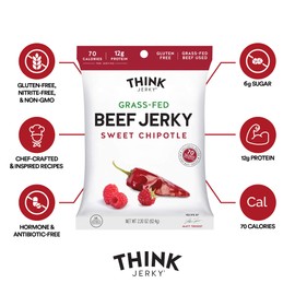 Think Jerky, Sweet Chipotle Beef Jerky (2.2 Ounce Bags, Pack of 8 Bags) - Delicious Chef Crafted Jerky, Grass-Fed Beef Jerky, Gluten Free, No Antibiotics or Nitrates - Healthy Protein Snack, Low Calorie and Low Fat