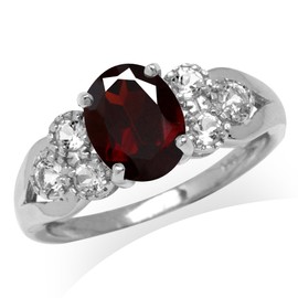 Silvershake 2.05ct. 9X7mm Natural Oval Shape Garnet and White Topaz 925 Sterling Silver Engagement Ring Size 7.5