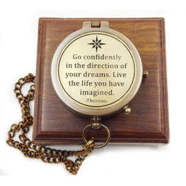 Antique Brass Compass Engraved "Go Confidently in The Direction of Your Dreams" - Gift Compass with Wooden Box - Motivation & Graduation Gift