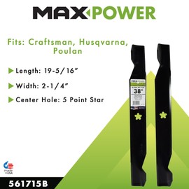 Maxpower 561715B 2 Blade Set 38" Cut Craftsman, Husqvarna, Poulan Mowers, Replaces OEM no. 138497, 127842, 532138497
