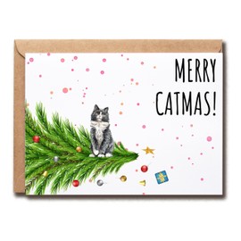 OystersPearl Merry Catmas Card - Naughty Cat Christmas Card - Christmas Tree - Crazy Cat Lady - Holiday Card - Christmas Card For Cat Lover - Cat Card