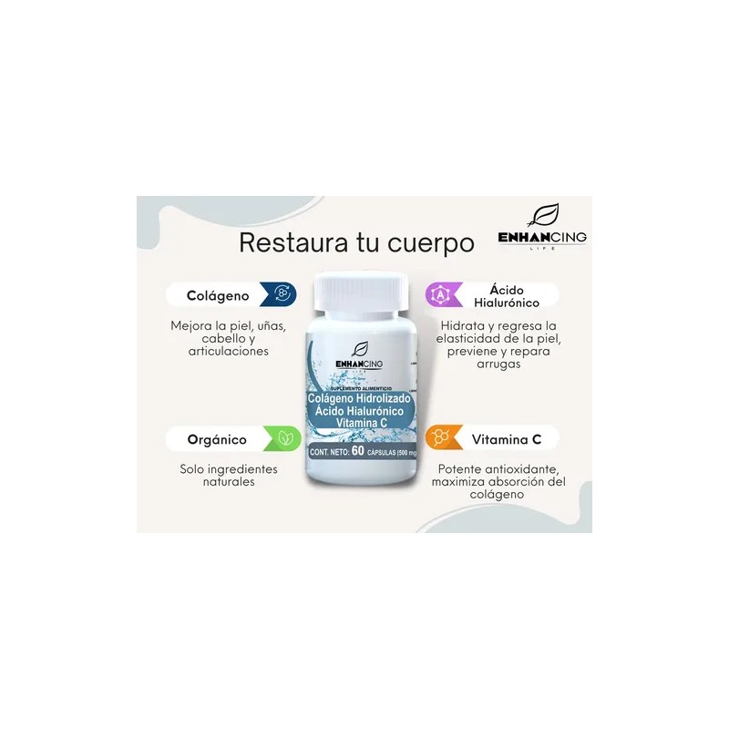 Cápsulas Colágeno Hidrolizado Ácido Hialurónico Vitamina Enhancing Life Unidades